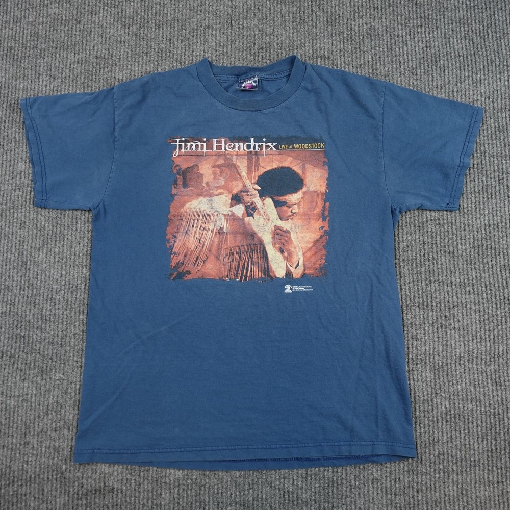 Jimi Hendrix Live At Woodstock Shirt Mens Medium Blue 2009 Graphic Band Tee